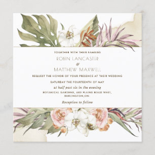 トロピカルパームリーフフローラクリームスクエア結婚ズ 招待状