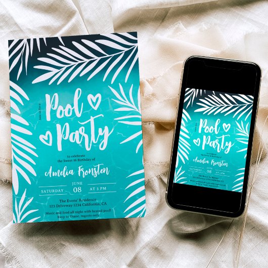 トロピカルパームリーフブループールパーティースイート16 招待状