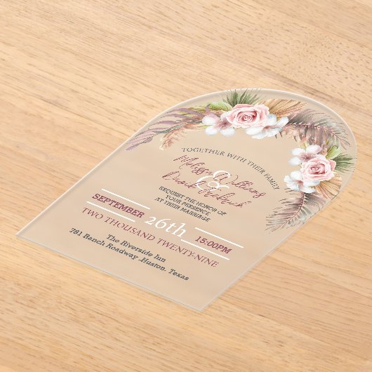 トロピカルパームリーフボタニカルボホシック結婚ズ アクリル招待状 (レイダウン)