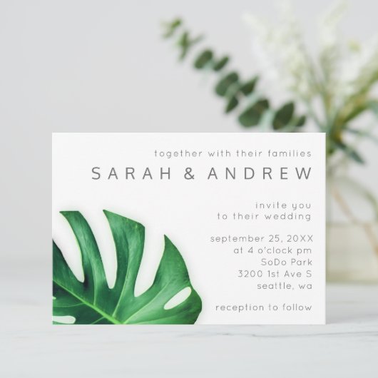 トロピカルパームリーフミニマル結婚式招待状 招待状 (スタンド正面)