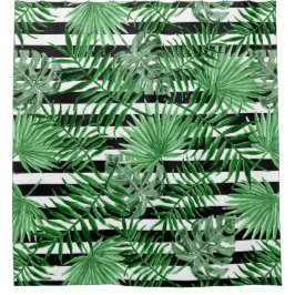 トロピカルパームリーフ白黒ストライプパターン シャワーカーテン