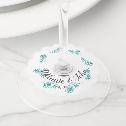 トロピカルパームリーフ サーキュラー ロゴ - カップル名 ワイングラスタグ (クローズアップ)