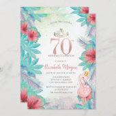 トロピカルパームリーフ ハイビスカス ピンク フラミンゴ 70歳 招待状 (正面/裏面)