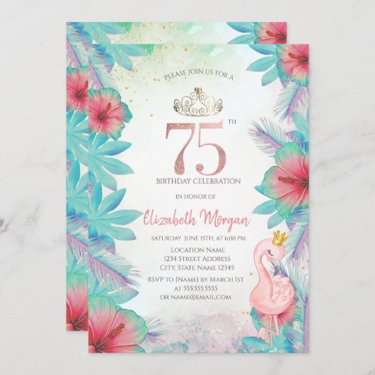 トロピカルパームリーフ ハイビスカス ピンク フラミンゴ 75周年 招待状 (正面/裏面)