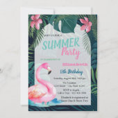 トロピカルパームリーフ、ピンクフラミンゴ誕生日 招待状 (正面)