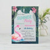 トロピカルパームリーフ、ピンクフラミンゴ誕生日 招待状 (スタンド正面)