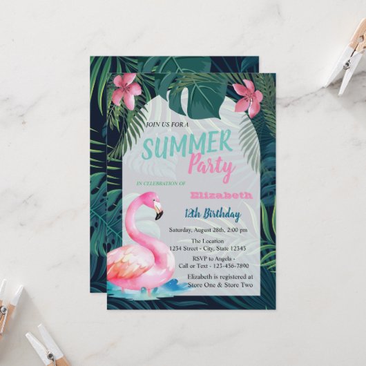 トロピカルパームリーフ、ピンクフラミンゴ誕生日 招待状 (正面/裏面インサイチュ)