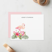 トロピカルパームリーフ ピンクフラミンゴ オーダーネーム ノートカード (正面/裏面インサイチュ)