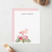 トロピカルパームリーフ ピンクフラミンゴ オーダーメイドネーム ノートカード (正面/裏面インサイチュ)
