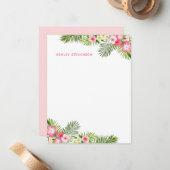 トロピカルパームリーフ ピンク パーソナライズドネーム サマー ノートカード (正面/裏面インサイチュ)