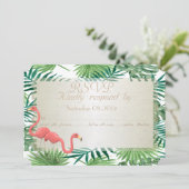 トロピカルパームリーフ、フラミンゴのウェディングRSVPカード 招待状 (スタンド正面)