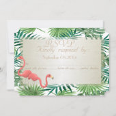トロピカルパームリーフ、フラミンゴのウェディングRSVPカード 招待状 (正面)