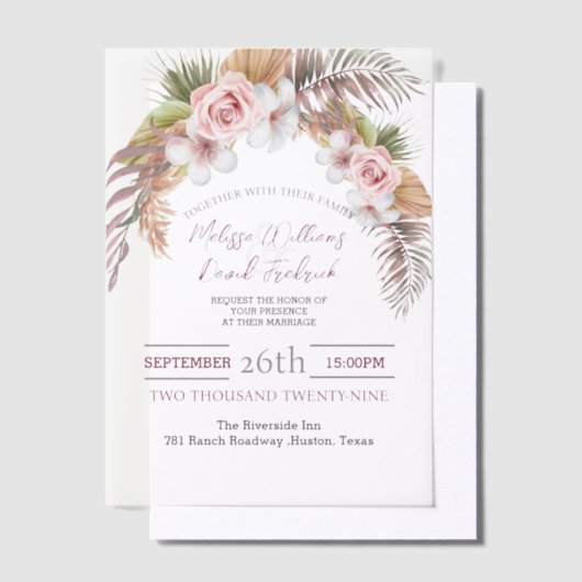トロピカルパームリーフ ボタニカル ボーホー シック ウェディング ベラム紙招待状 (オフセット)
