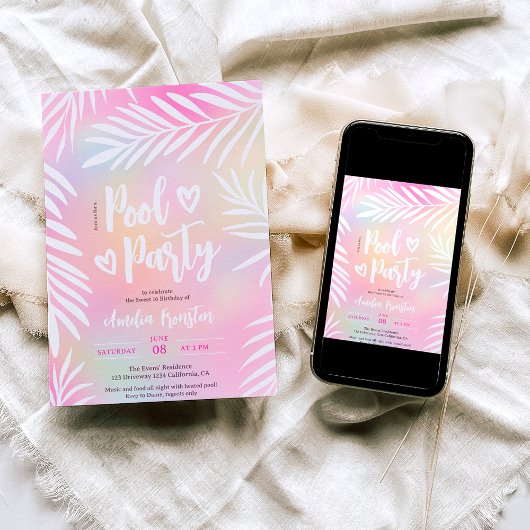 トロピカルパームレインボープールパーティースウィート16 招待状