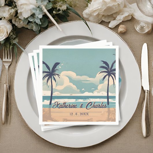 トロピカルパームヴィンテージビーチ結婚式ナプキン スタンダードカクテルナプキン