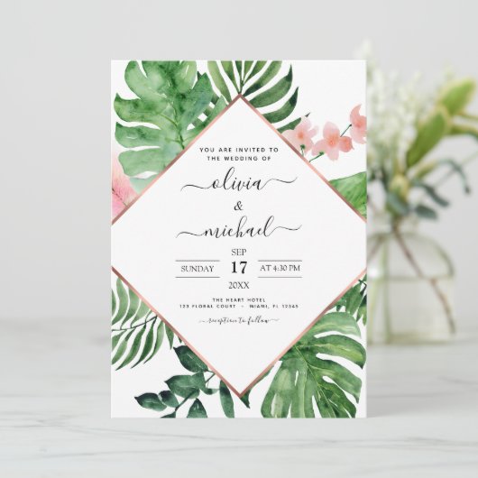 トロピカルパーム幾何学ビーチ結婚式 招待状 (スタンド正面)