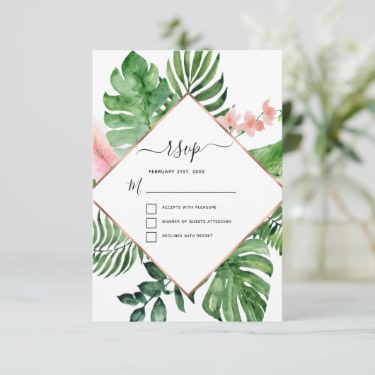トロピカルパーム水彩幾何学ウェディングRSVP 招待状 (スタンド正面)