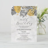 トロピカルパーム白黒金ゴールド100誕生日 招待状 (スタンド正面)