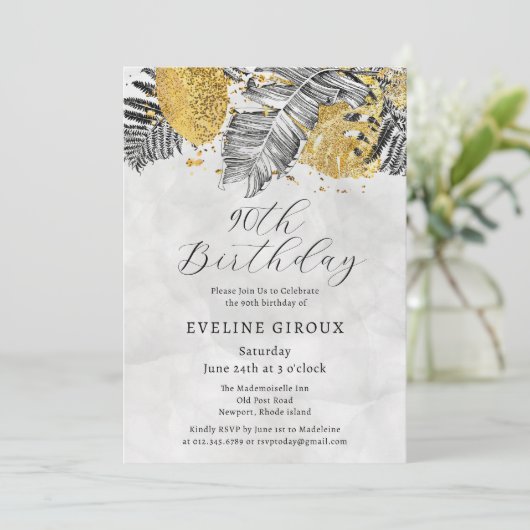 トロピカルパーム白黒金ゴールド90誕生日 招待状 (スタンド正面)
