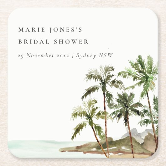 トロピカルパーム素朴ツリービーチサンドブライダルシャワー スクエアペーパーコースター (正面)