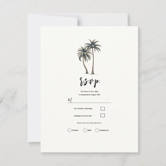 トロピカルパーム素朴ツリー沿岸結婚式RSVP 招待状 (正面)