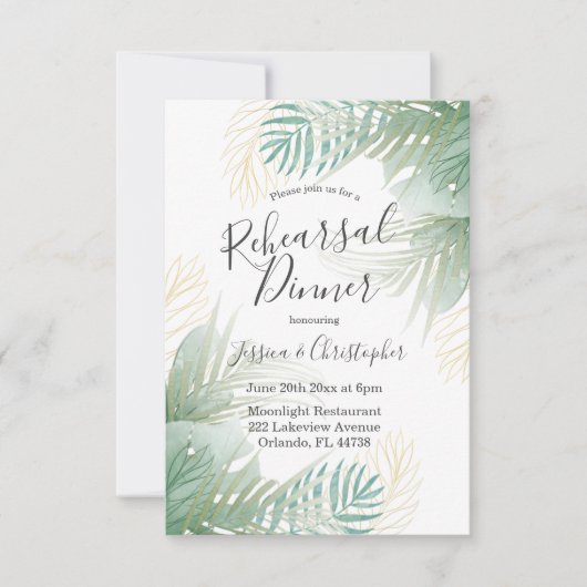 トロピカルパーム結婚セージ緑のリハーサルディナー 招待状 (正面)