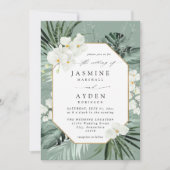 トロピカルパーム結婚&ホワイトフローラのV2B LNMグリーン 招待状 (正面)