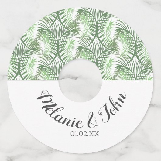 トロピカルパーム葉の木の名前 – カップル ワイングラスタグ (正面)