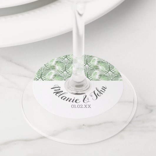 トロピカルパーム葉の木の名前 – カップル ワイングラスタグ (クローズアップ)