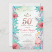 トロピカルパーム葉スハイビスカスピンクフラミンゴ50th 招待状 (正面)