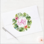 トロピカルパーム葉ズ80th birthday party sticker ラウンドシール<br><div class="desc">ジャングルパームの葉のデザインとブラシレタリングと美しい熱帯80th誕生日パーティーステッカー。簡単：個人の要件に合わせて使用可能な文字・フィールドを変更または削除する方法。夏/エキゾチック/ビーチパーティーやシャワーに最適！お店に行き、招待状、出欠、お客様など、当店の商品に合感謝していう商品を見つけよう。</div>