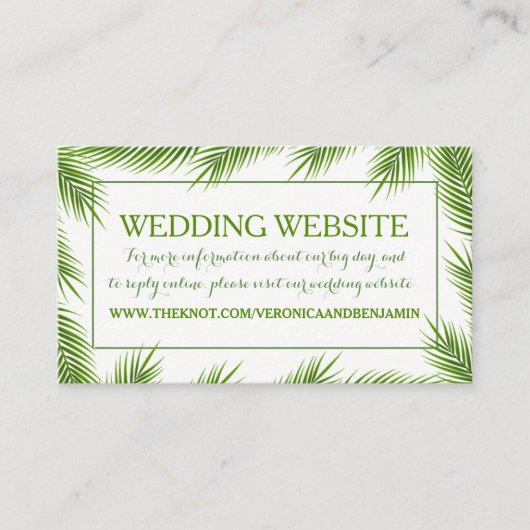トロピカルパーム葉ビーチ結婚式サイト エンクロージャーカード (正面)