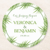 トロピカルパーム葉ビーチ結婚式 ラウンドペーパーコースター (正面)