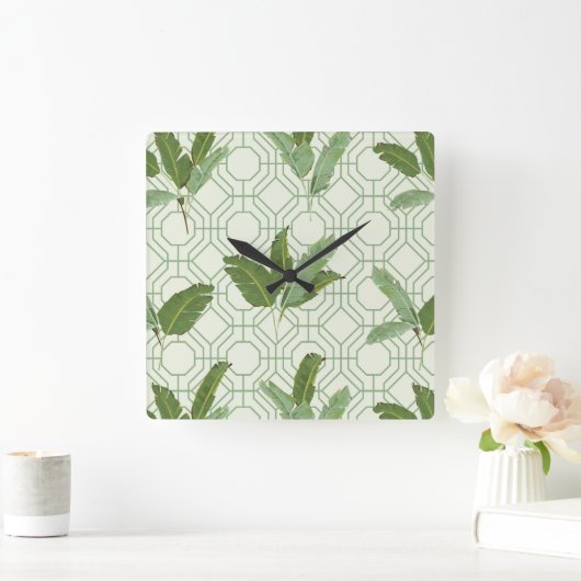トロピカルパーム葉 スクエア壁時計 (ホーム)