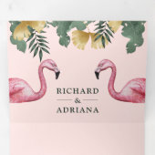 トロピカルパーム赤面ピンクフラミンゴカップル結婚ズ 三つ折り招待状 (内部最初)