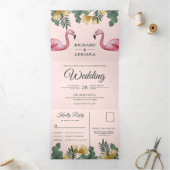 トロピカルパーム赤面ピンクフラミンゴカップル結婚ズ 三つ折り招待状 (内部)