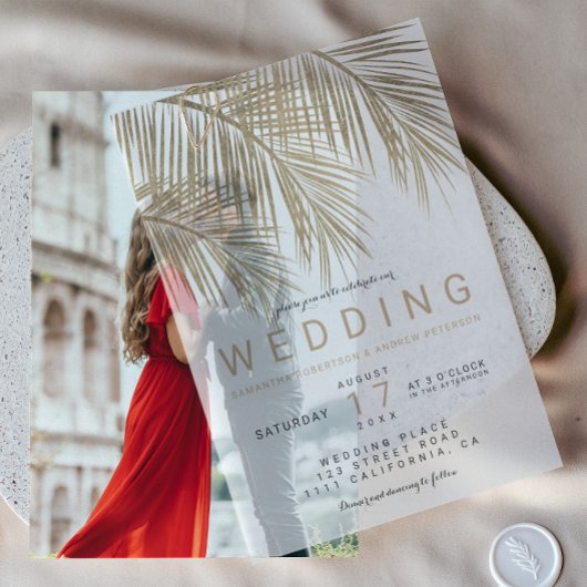 トロピカルパーム金ゴールドシックボヘミアン結婚ズ ベラム紙招待状