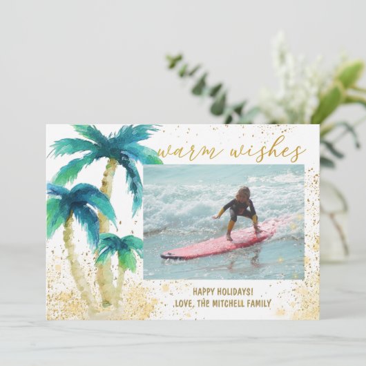 トロピカルパーム金ゴールド温かい願いクリスマスの写真 シーズンカード (スタンド正面)