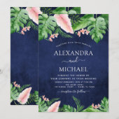 トロピカルパーム ウォーターカラー グリーン ネイビーブルー ウェディング 招待状 (正面/裏面)