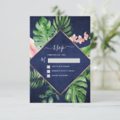 トロピカルパーム ウォーターカラー ネイビーブルー 結婚式 出席確認 招待状 (スタンド正面)