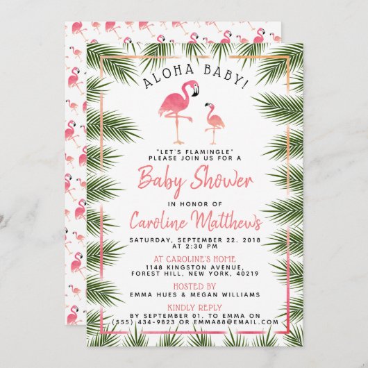 トロピカルパーム ウォーターカラー フラミンゴ ベビーシャワー 招待状 (正面/裏面)