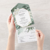 トロピカルパーム＆ホワイトフラワーのウェディング - ミントグリーン オールインワン招待状 (貼ってはがせる)