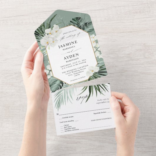 トロピカルパーム&ホワイトフラワーのウェディング - ミントグリーン オールインワン招待状 (貼ってはがせる)