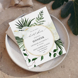 トロピカルパーム&ホワイトフラワーのブライダルシャワー マット紙の招待状 チラシ