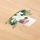 トロピカルパーム&ホワイトフローラ保存日付写真A アクリル招待状 (レイダウン)