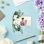 トロピカルパーム&ホワイトフローラ保存日付写真A アクリル招待状 (インサイチュ (ウェディング))