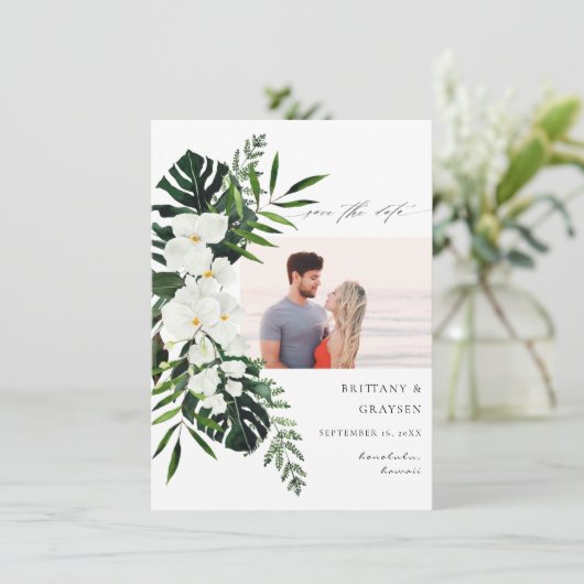 トロピカルパーム&ホワイトフローラ日付写真を保存 セーブザデート (スタンド正面)