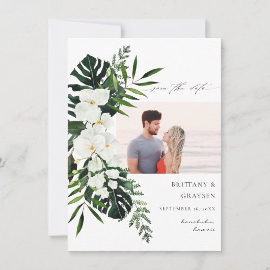 トロピカルパーム&ホワイトフローラ日付写真を保存 セーブザデート (正面)