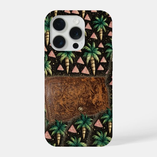 トロピカルパーム&レザーウォレット柄iPhone 15ケース iPhoneケース (裏面)