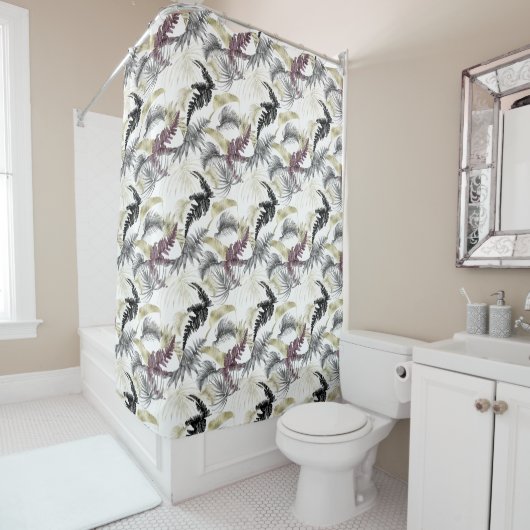 トロピカルパーム、ワインとブラックのシダ シャワーカーテン (インサイチュ)
